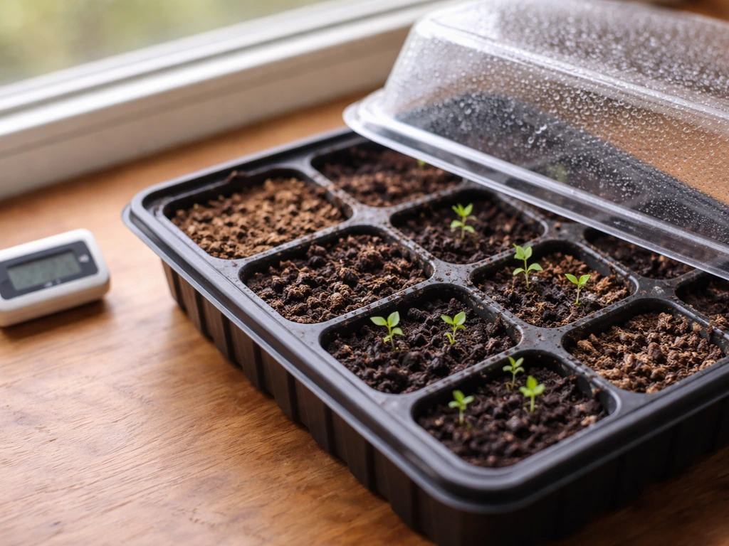 Seed tray with moist soil and a few sprouts, plus a nearby thermometer and lifted humidity dome.