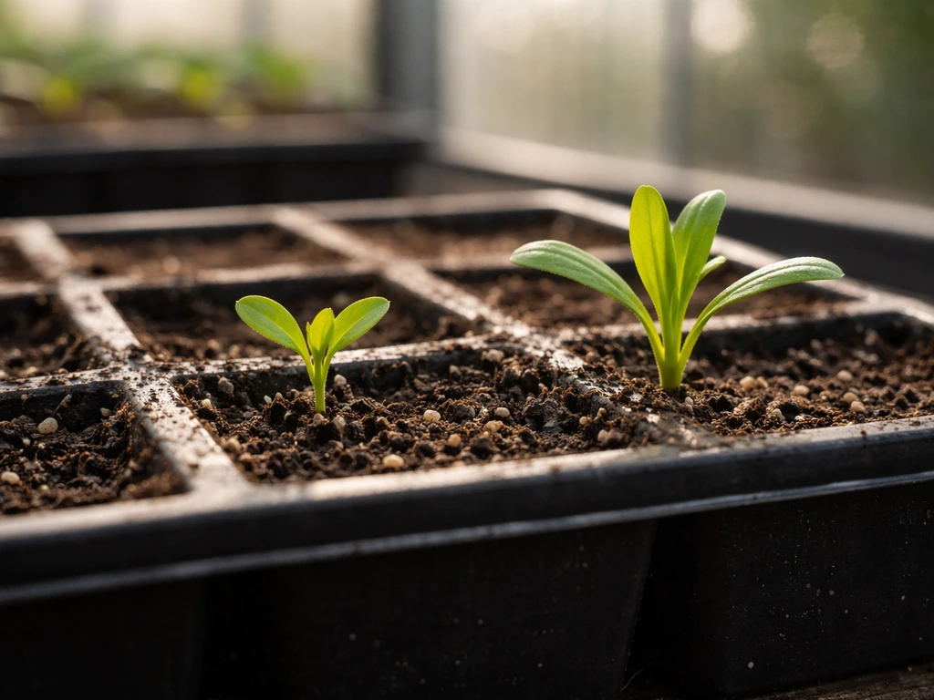 Close-up of gazania seedlings in a tray, comparing just-emerged cotyledons with transplant-ready healthy growth.