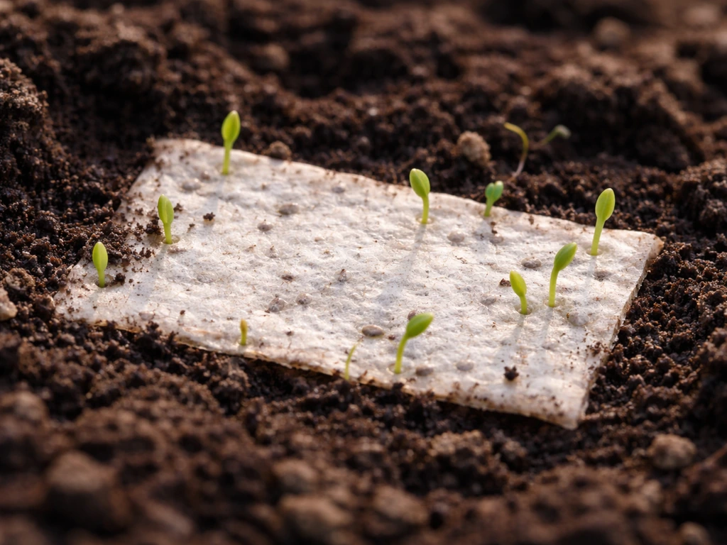 Seed paper sheet in dark soil with tiny green sprouts emerging; close-up showing seed paper texture and early growth.