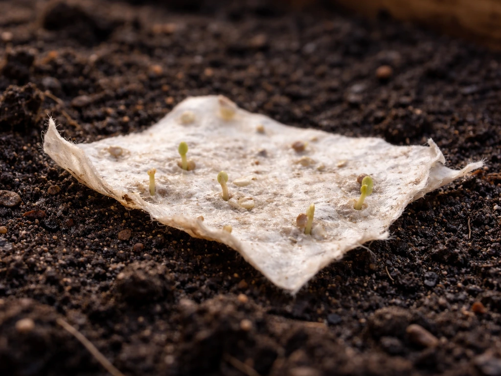 Close-up of seed paper starting to soften on soil as tiny sprouts begin emerging.