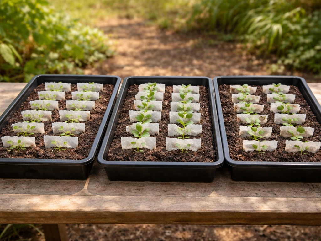 Small garden trays with separate seed-paper sheets sprouting quick-harvest greens like lettuce and radish.