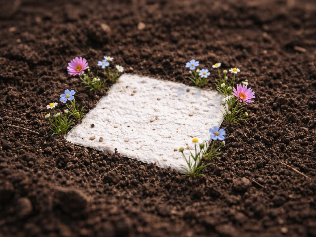 Wildflowers blooming from seed paper planted in soil, with visible paper edges and natural light.