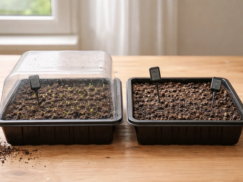 Side-by-side seed trays showing one consistently moist and warm setup versus a drier, slower germination condition.