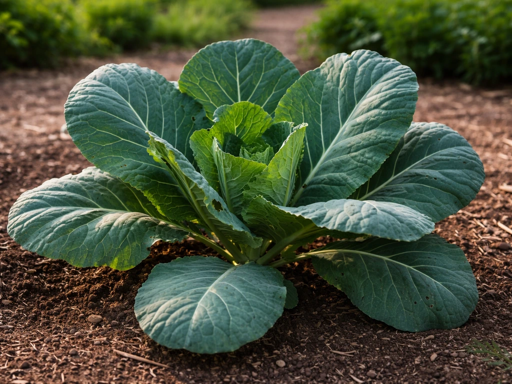 Mature collard plant with broad green leaves in a simple garden bed at harvest time