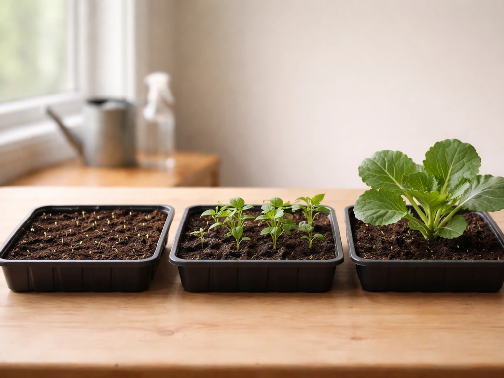 Minimal photo of collard plant leaves in a simple indoor grow setup with a few seed-starting containers
