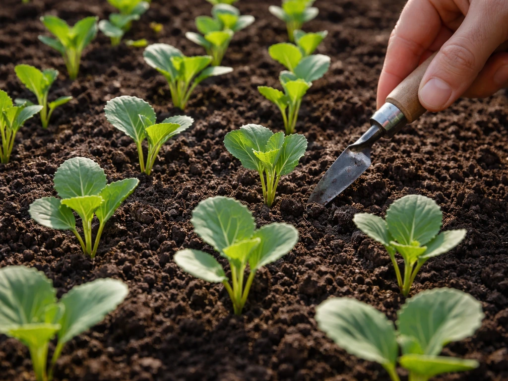 Collard seedlings about 2 inches tall in a soil bed with a hand and small tool poised for thinning