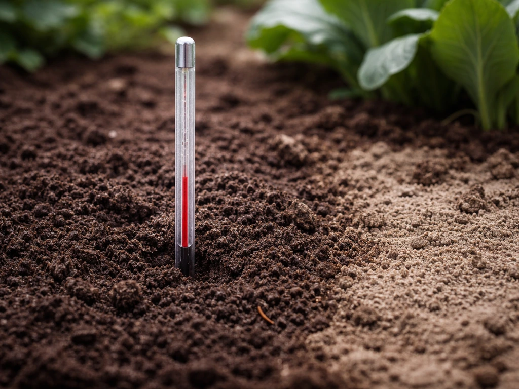 Soil thermometer in a garden bed with collard greens, showing warm vs cool soil conditions.