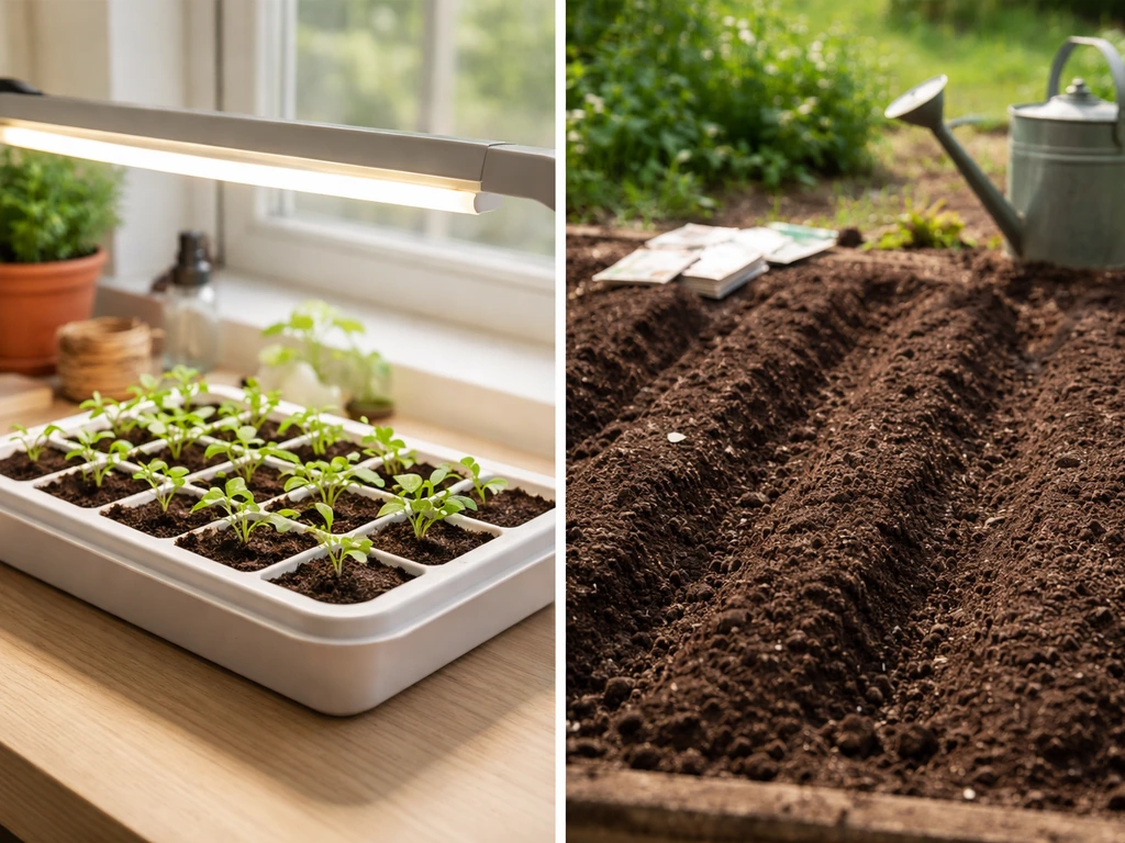 Indoor seed-starting tray under lights beside outdoor direct-sown garden rows