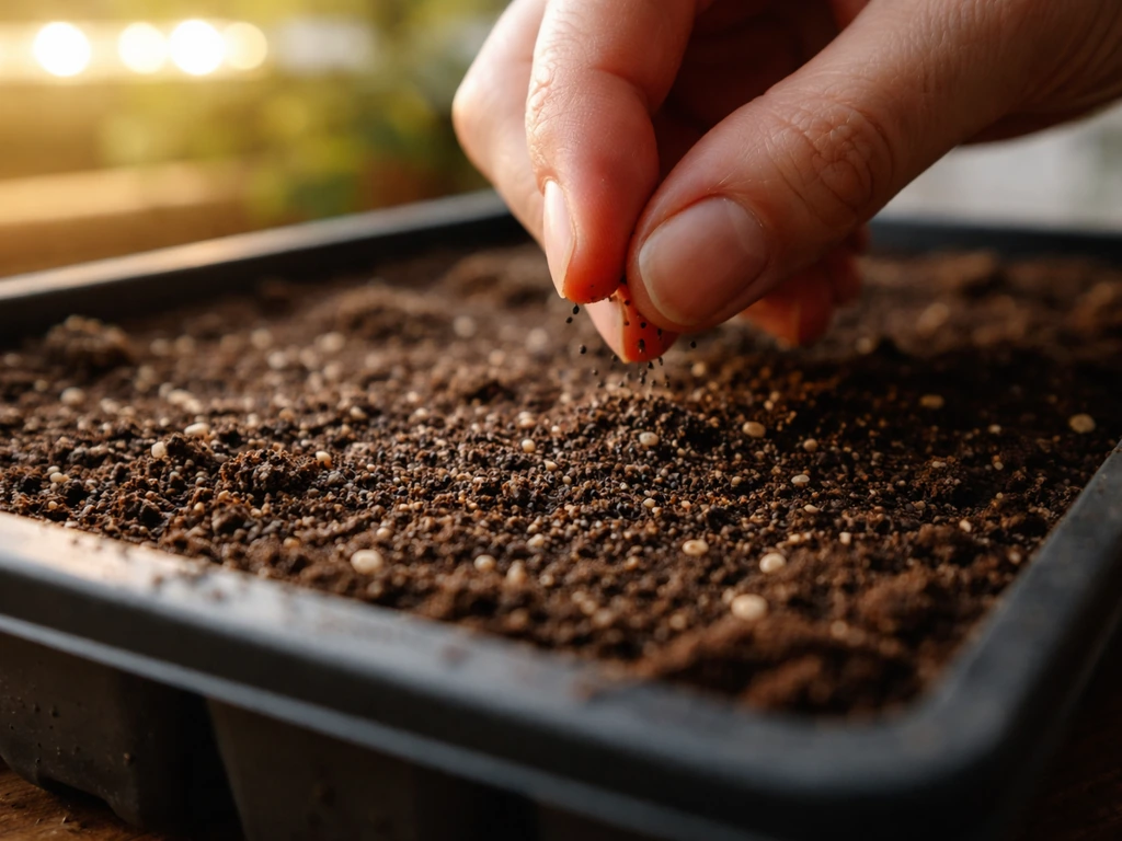 Close-up of portulaca seeds being sown into warm seed-starting mix in a small tray.