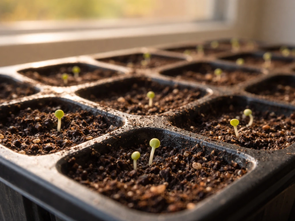 Seed tray on a bright windowsill with tiny portulaca seedlings emerging from damp soil.
