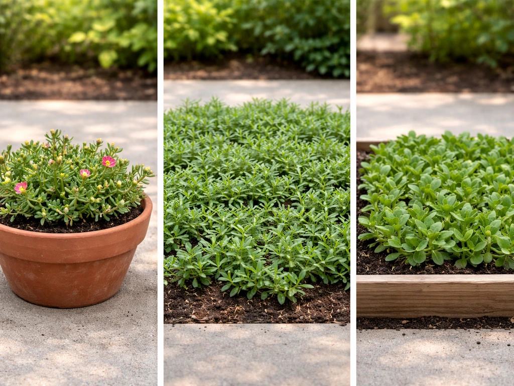 Three simple row plantings of portulaca at different growth stages: buds and partial bloom, leafy groundcover, and harve