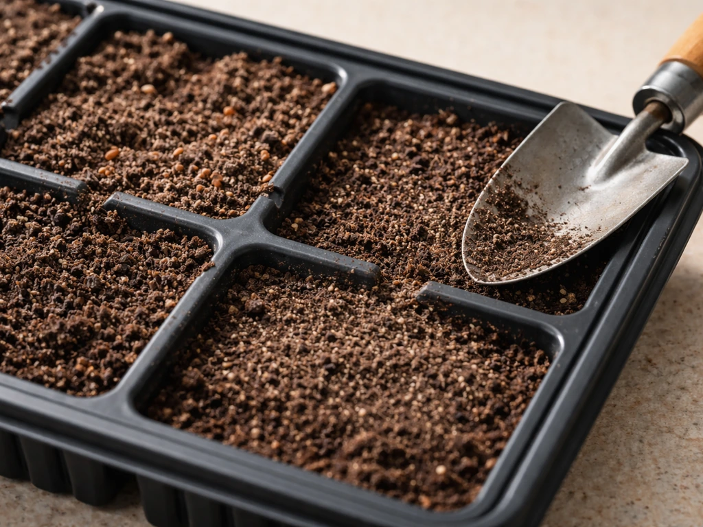 Close-up of seed-starting mix in a tray showing crusty dry spots and shallowly sown seeds.