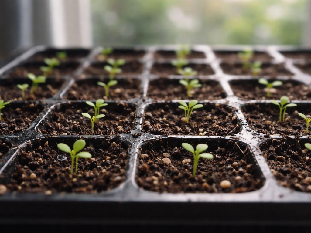 Tiny forget-me-not seedlings sprouting in a seed tray, softly lit with cool garden ambiance in the background.