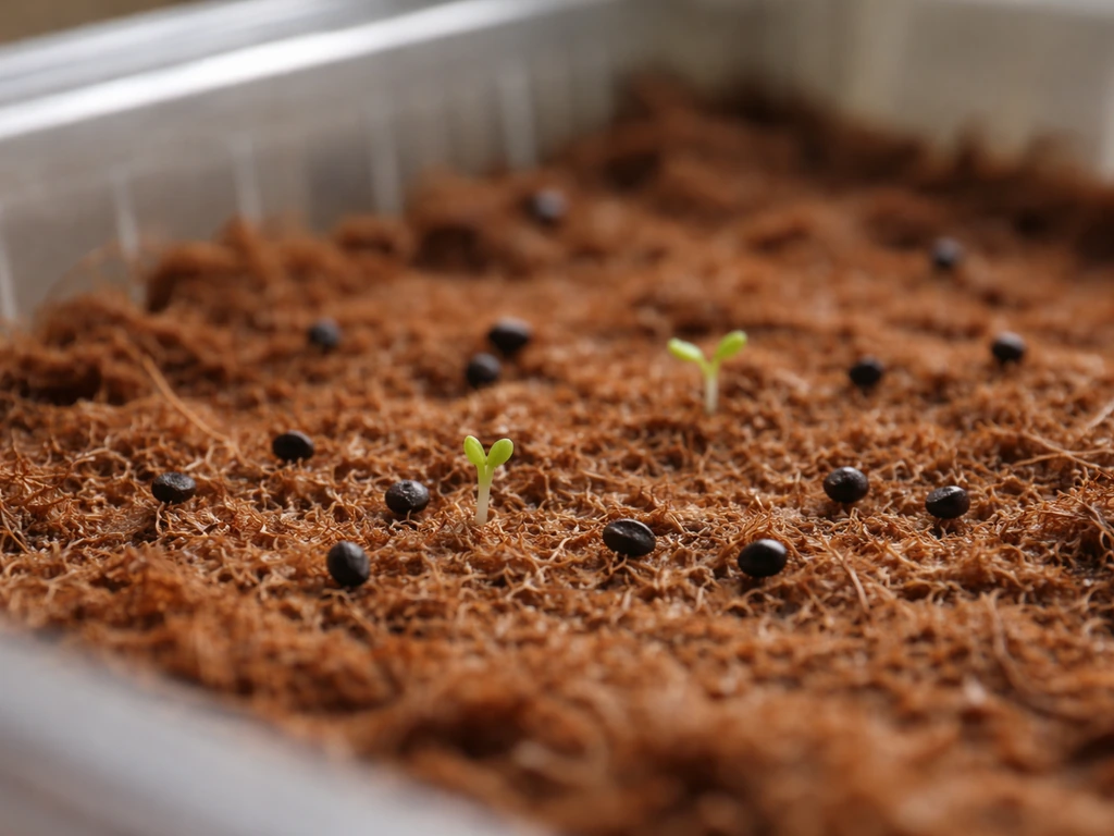 Close-up of forget-me-not seeds on coco coir with a few tiny sprouts in soft daylight