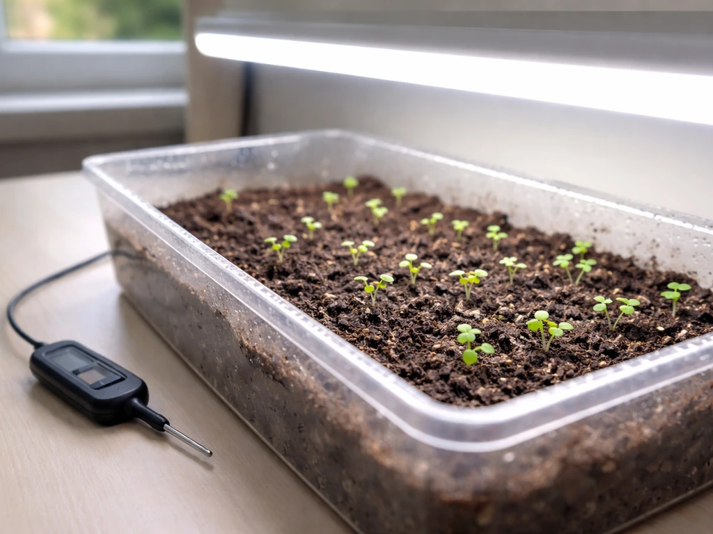 Forget-me-not seedlings under a bright grow light with a thermometer probe near a seed tray indoors.