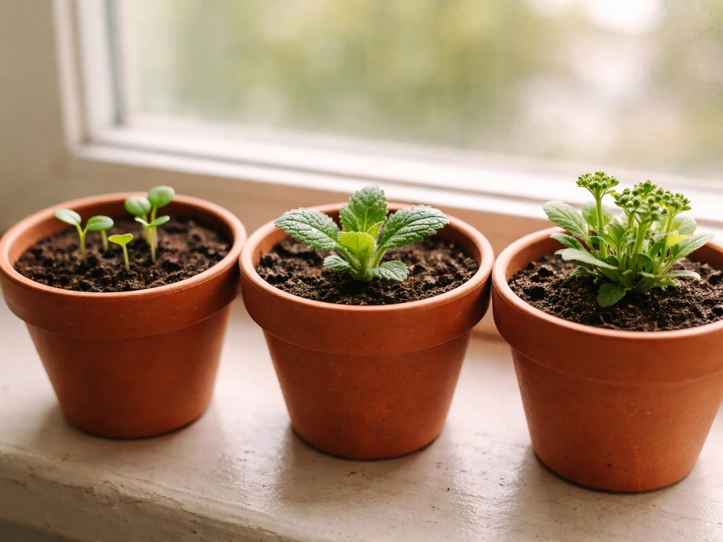Seedlings in small pots progressing from sprout stage to visible flower buds under soft daylight.
