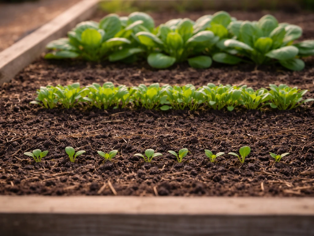 Spinach growing in three stages—seedlings, baby leaves, and a mature rosette in a simple garden bed.
