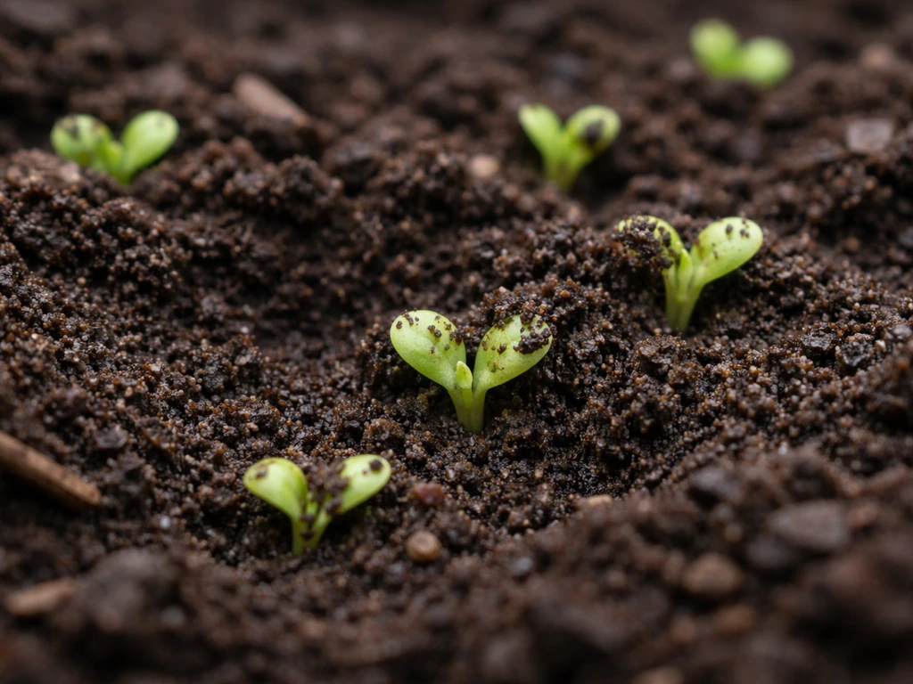 Spinach seeds just after sowing with moist soil and tiny cotyledons emerging close-up