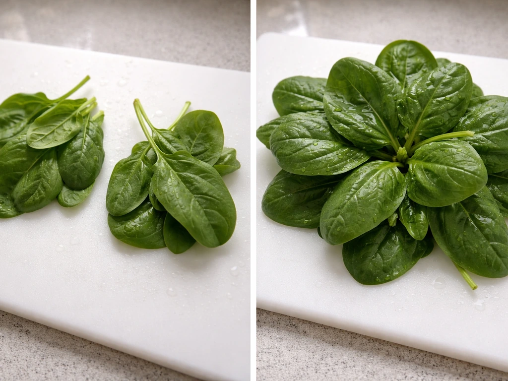 Side-by-side baby spinach leaves and larger full-size spinach leaves on a white cutting board.