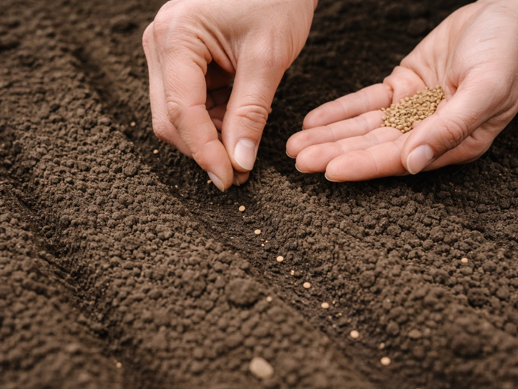 Hands sowing spinach seeds in shallow furrows of moist, well-drained garden soil