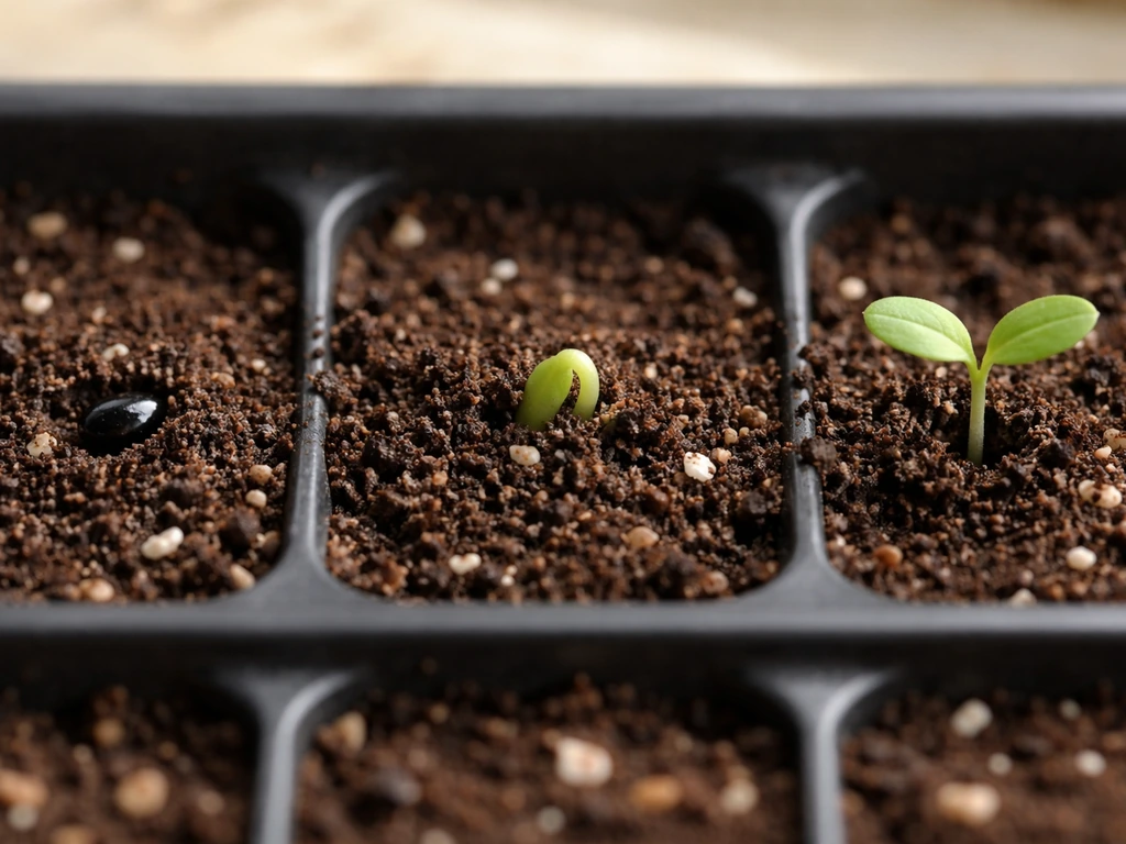 Close-up of seed, sprout, and small seedling emerging in seed-starting mix under soft light.