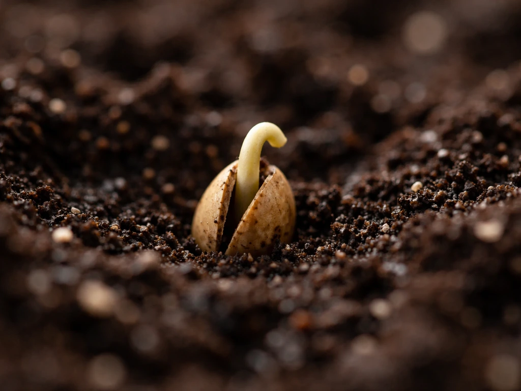 Moist soil close-up with a seed coat split and a tiny sprout emerging.