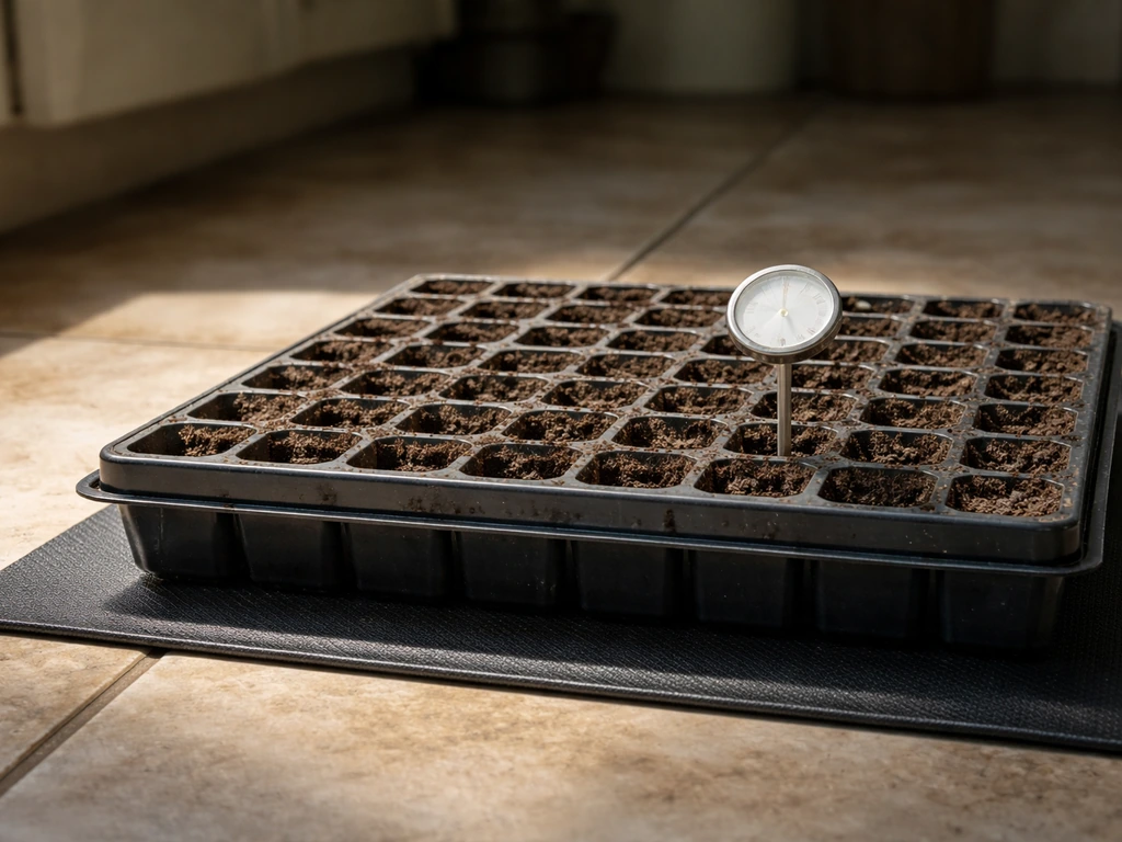 Seed-starting tray on a heat mat with an inserted soil thermometer probe for ideal temperature