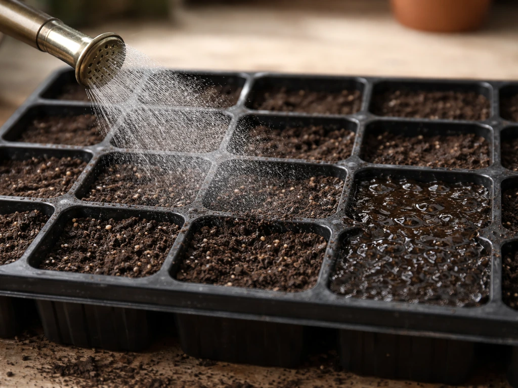 Watering can mists soil in a seed tray; part of the mix looks evenly moist while another part is waterlogged.