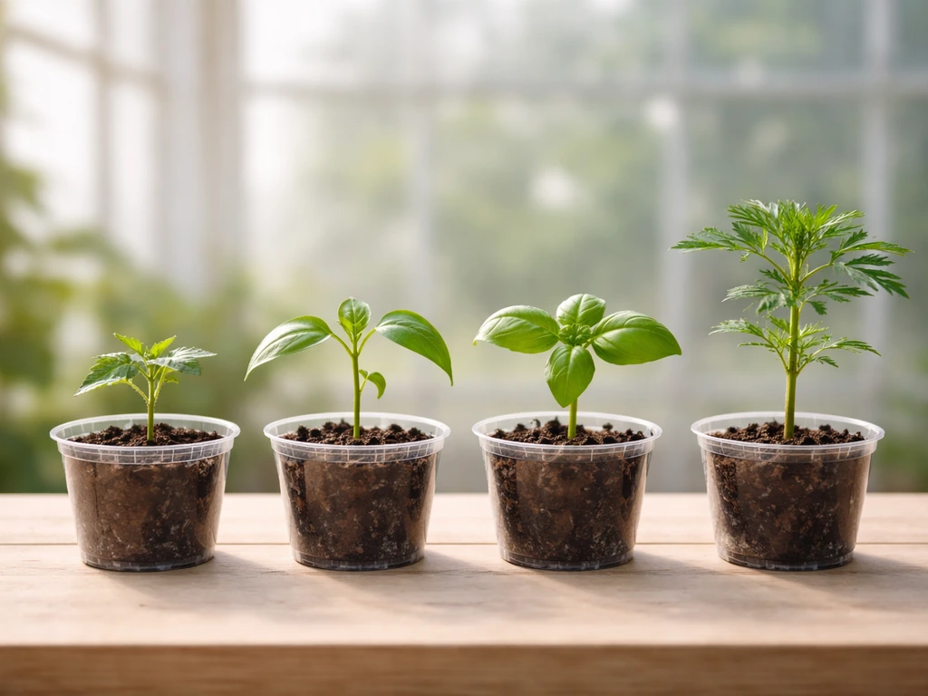 Four anonymous seedling pots in a row: tomato, pepper, basil, and marigold on a bench.