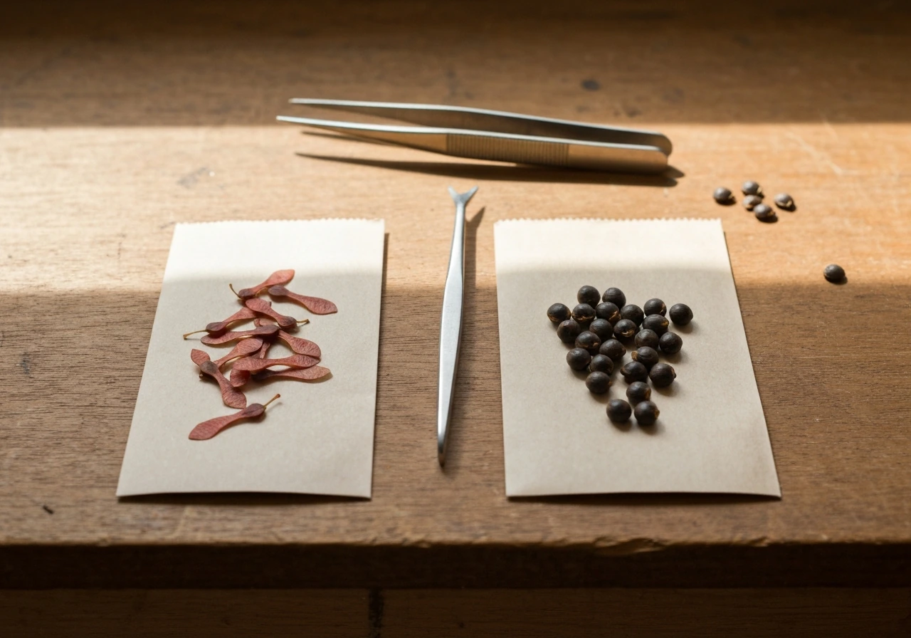 Two unmarked paper seed packets with maple-like and juniper-like bonsai seeds on a wooden bench.