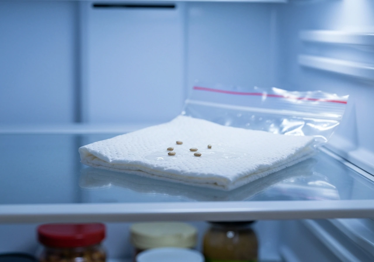 Zip-lock bag with moist paper towel and labeled seeds resting on a refrigerator shelf.