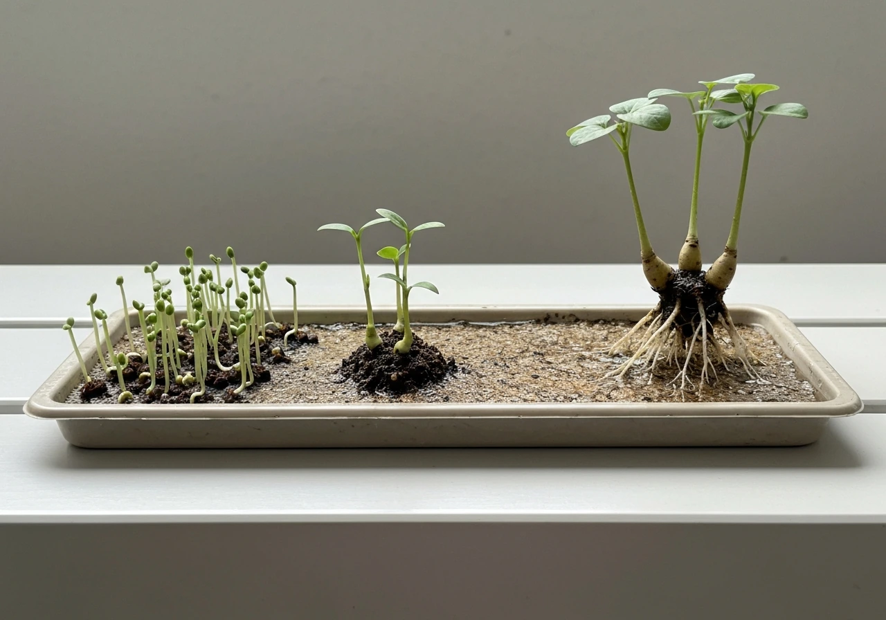 Seed tray with sprouted and growing bonsai seedlings, moist medium showing early root development.