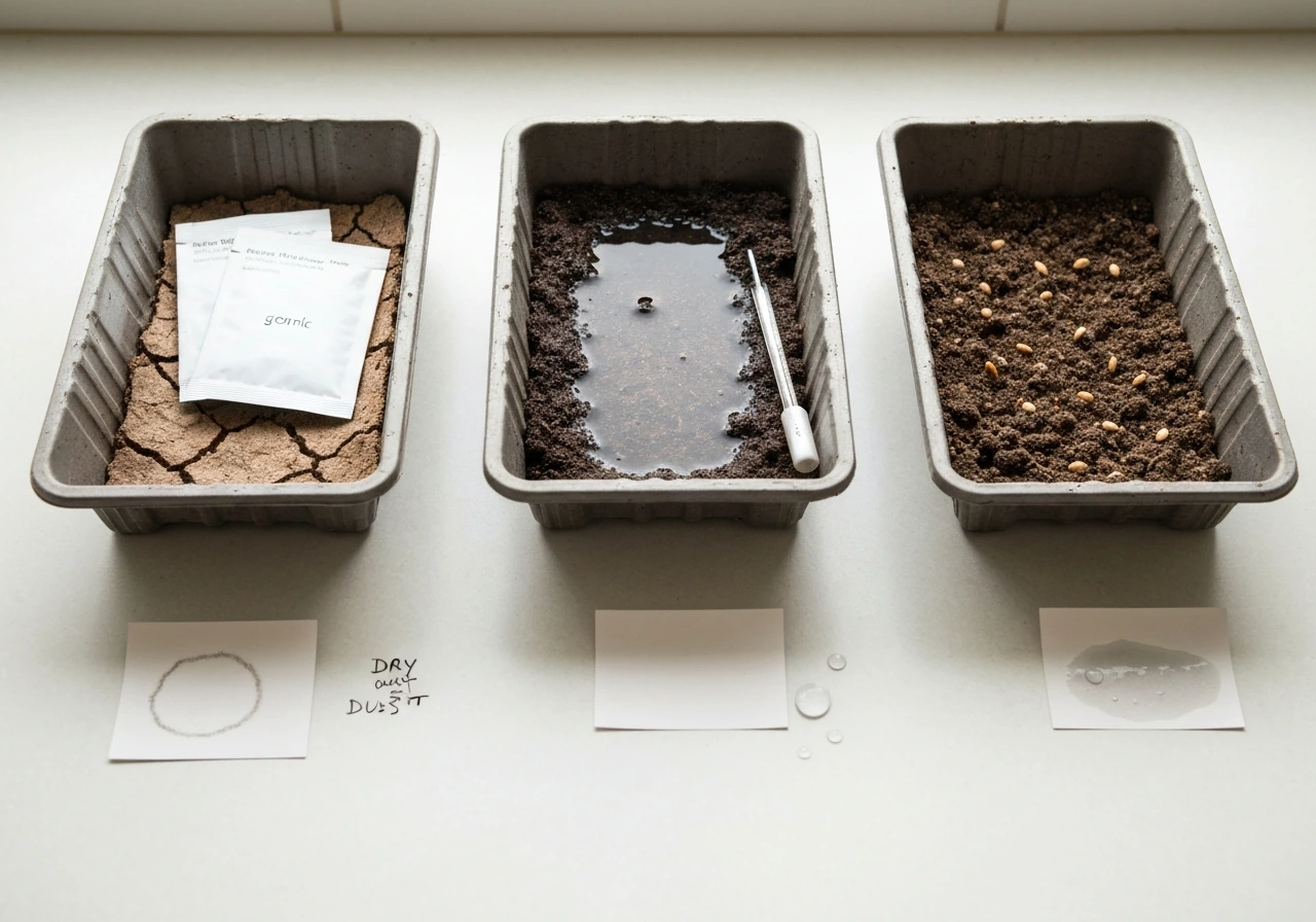 Three simple seed-tray check cards showing dry soil, cold-wet mix, and proper moisture condition.