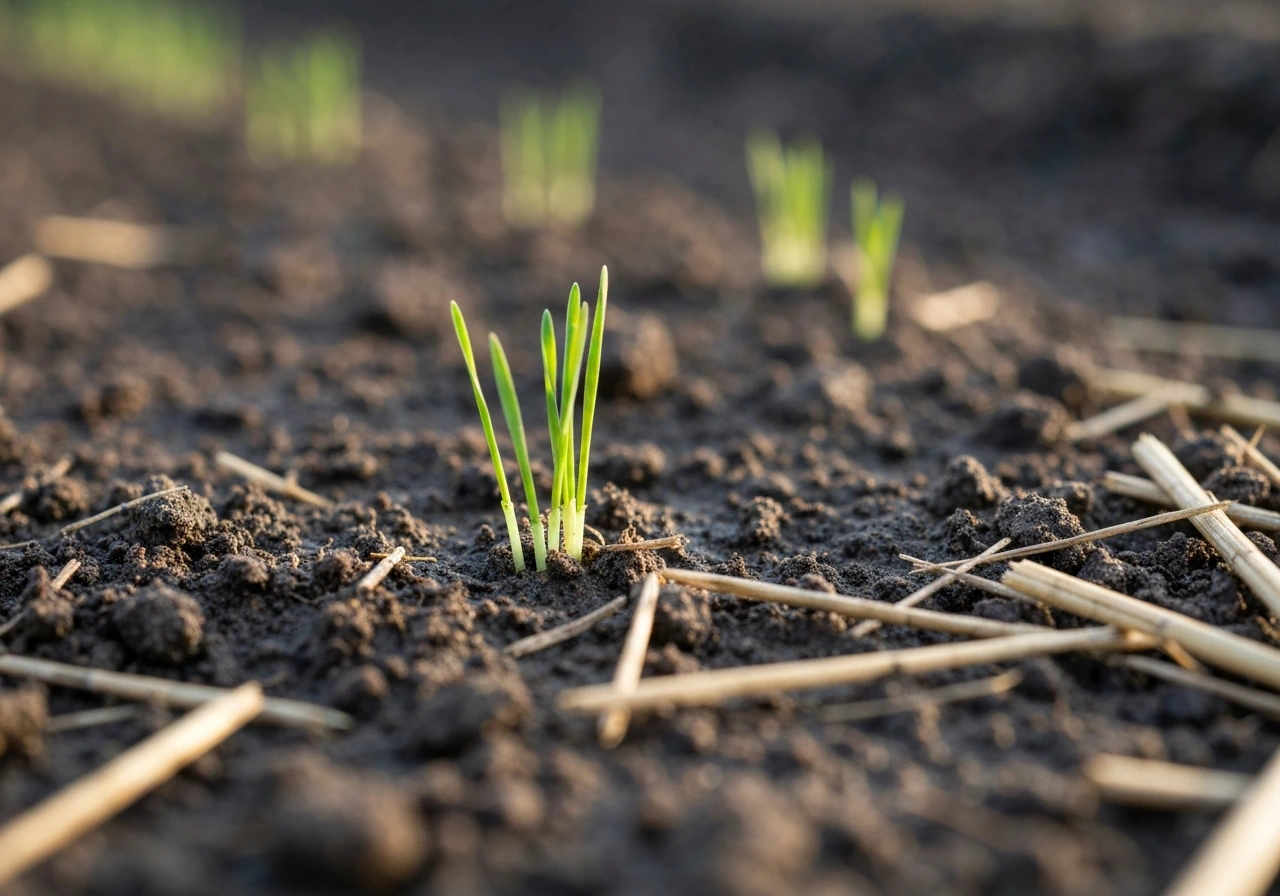 Bahia grass seedlings emerging from fresh soil, showing early rapid growth.