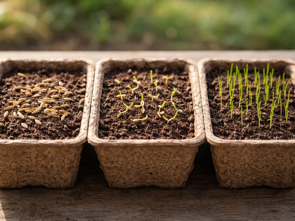 Side-by-side soil trays showing Bahia grass seeds germinating into sprouts and tiny seedlings.