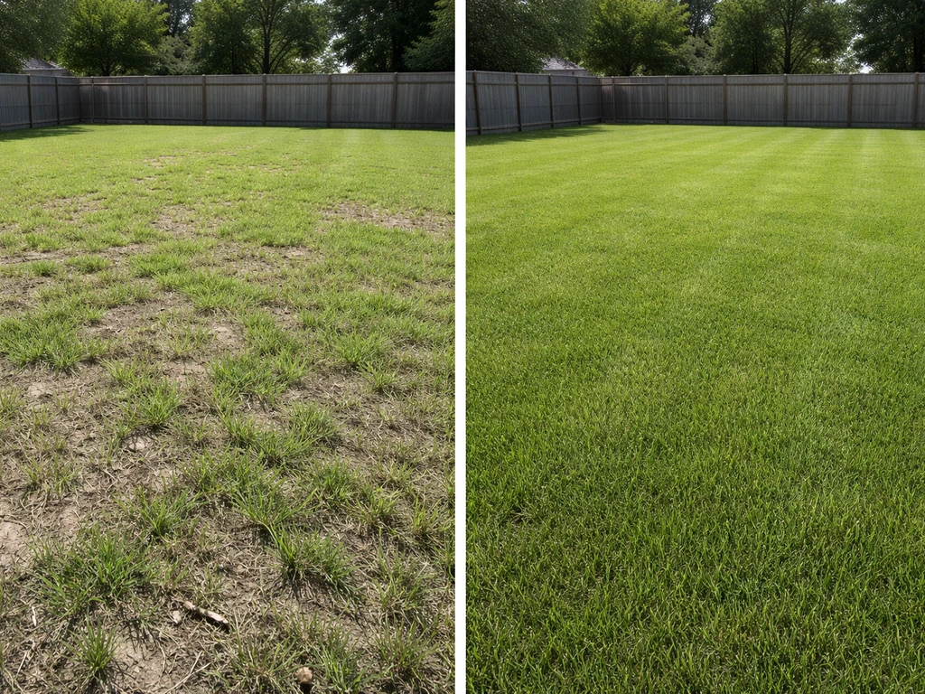 Split-view lawn showing year-1 patchy grass versus later uniform dense Bahia lawn with mowing lines.