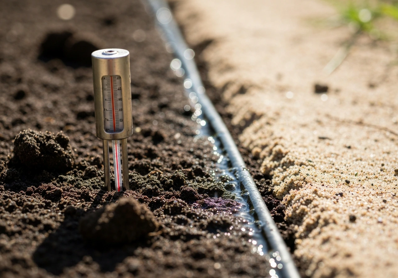 Close-up of a soil thermometer probe in warm, moist soil with nearby gentle irrigation water.