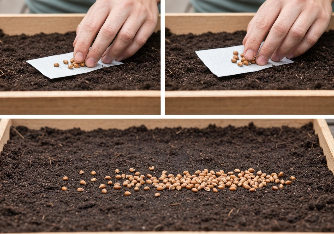 Gardener’s hands lightly scarifying tiny Bahia seeds and broadcasting them shallowly into moist soil.