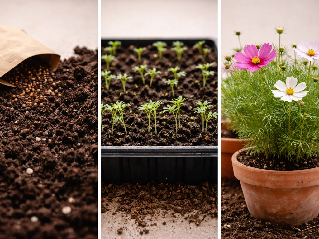 Cosmos seeds, seedlings, and first blossoms shown in a simple staged photo sequence