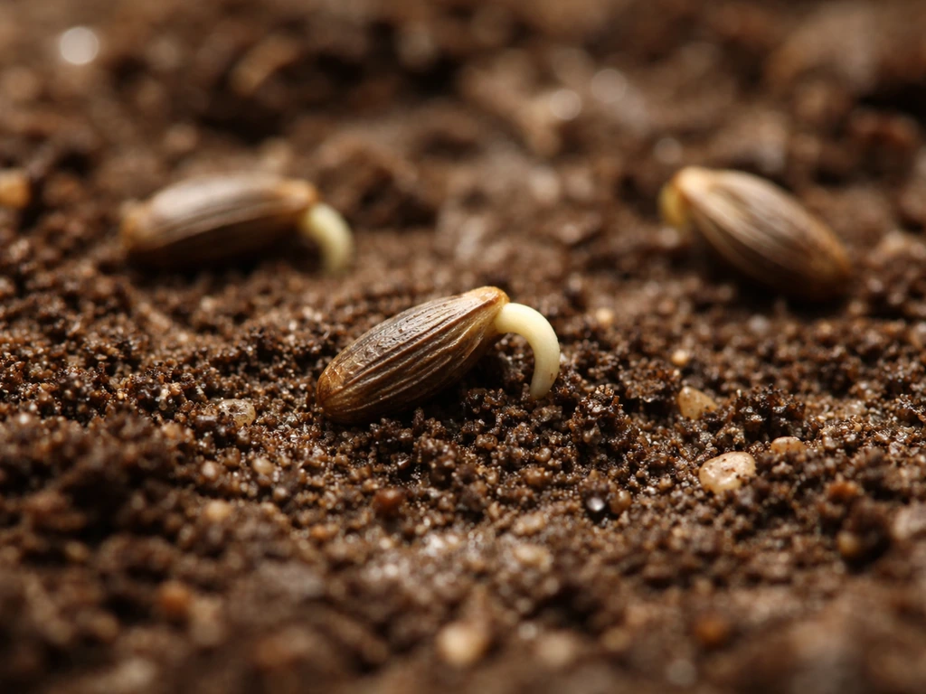 Close-up of cosmos seeds splitting and sprouting radicles in warm, lightly moist soil
