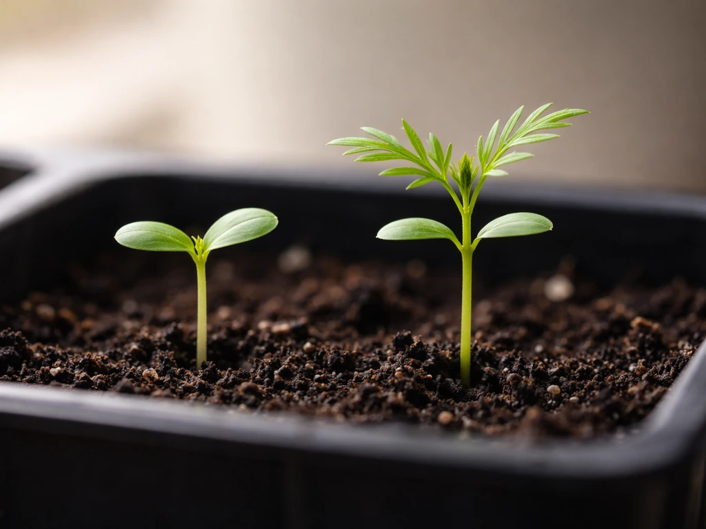 Cosmos seedlings side by side, early cotyledons beside slightly larger plants with first true leaves.