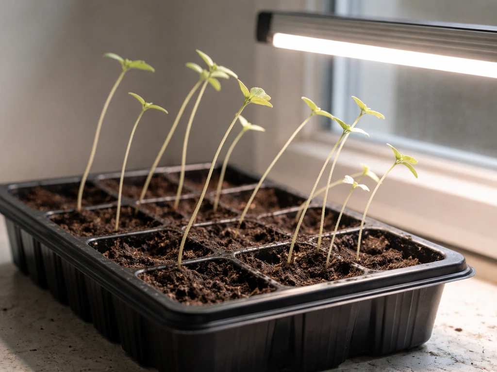 Leggy, pale seedlings stretching toward a small grow light in a simple indoor seed tray setup.