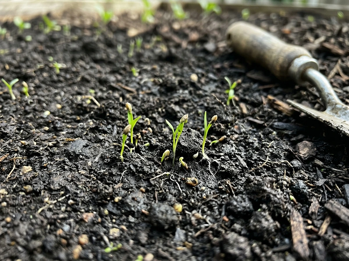 First green shoots emerging from seeded soil in early germination stage.