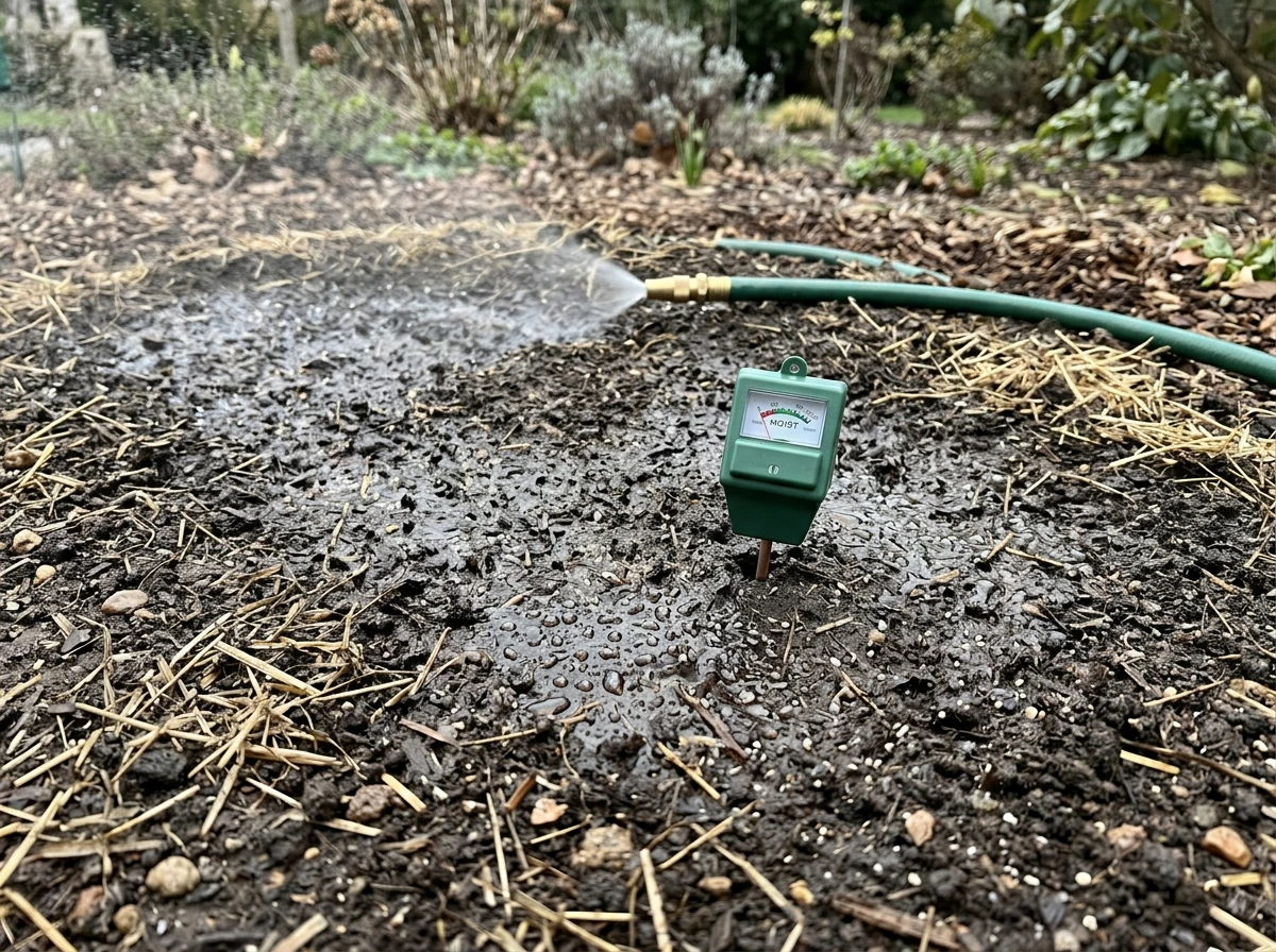 Misting a freshly seeded lawn to keep the top inch consistently moist.