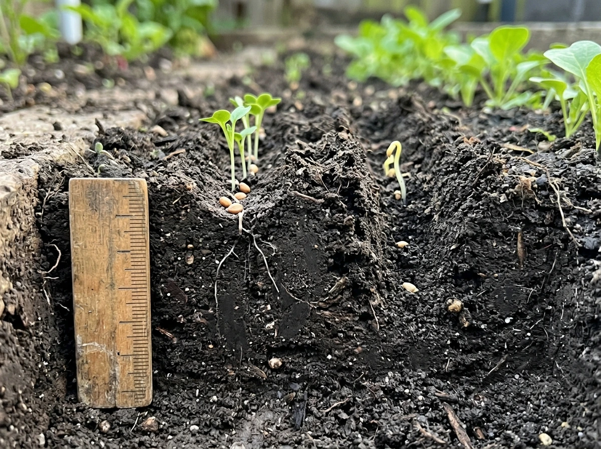 Shallow vs buried seeding depth shown with soil slab and emergence differences.
