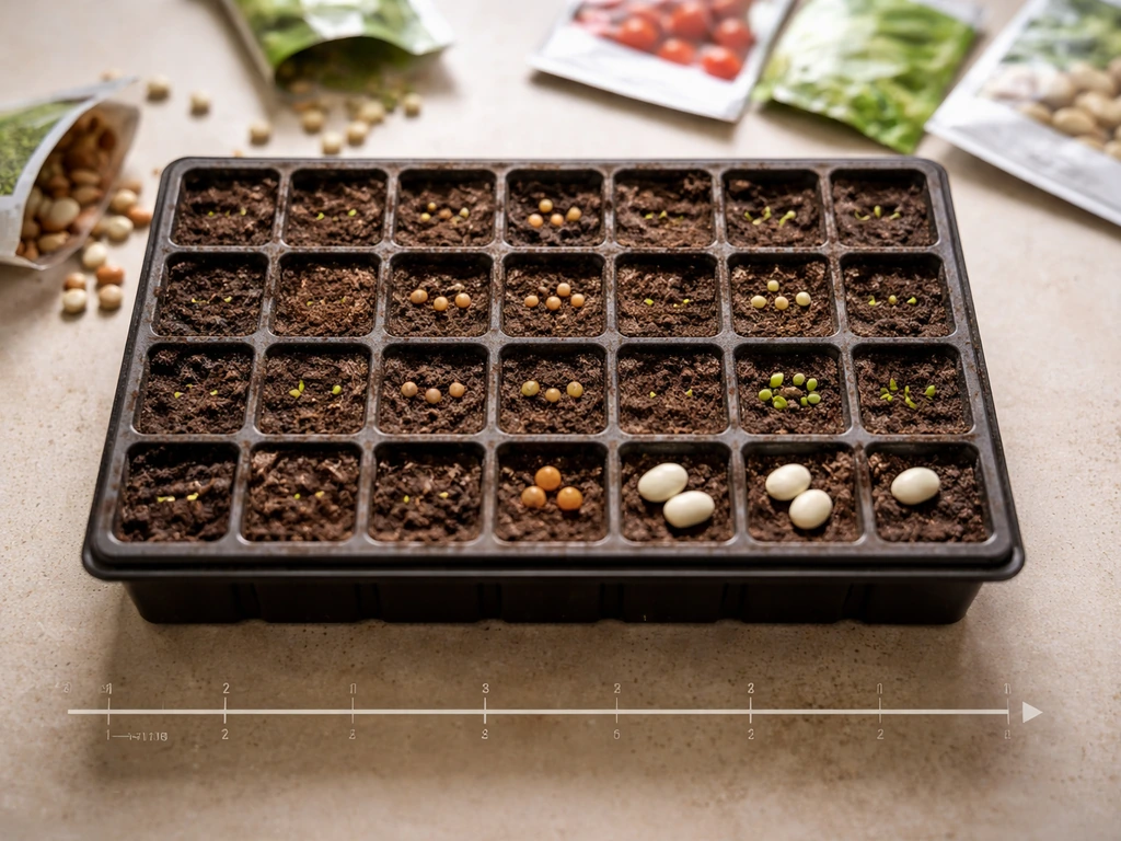 Top-down close-up of a seed-starting tray with several seed packets and a calendar-style timeline overlay.
