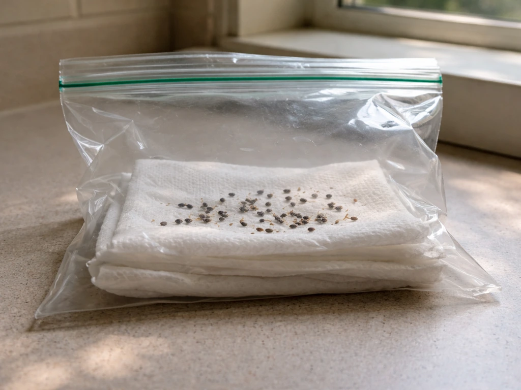 Lavender seeds resting on damp paper towels inside a clear bag for germination.