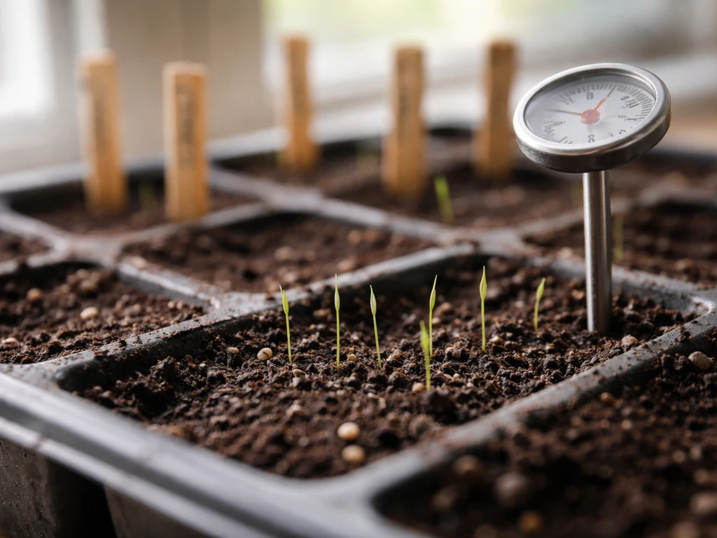 Prairie-style grass seedlings in a seed tray beside a soil thermometer, with date markers in the background.