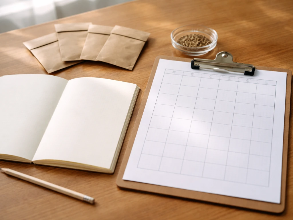 Minimal desk scene with clipboard, blank notepad, and seed packets suggesting a plant growth timeline.