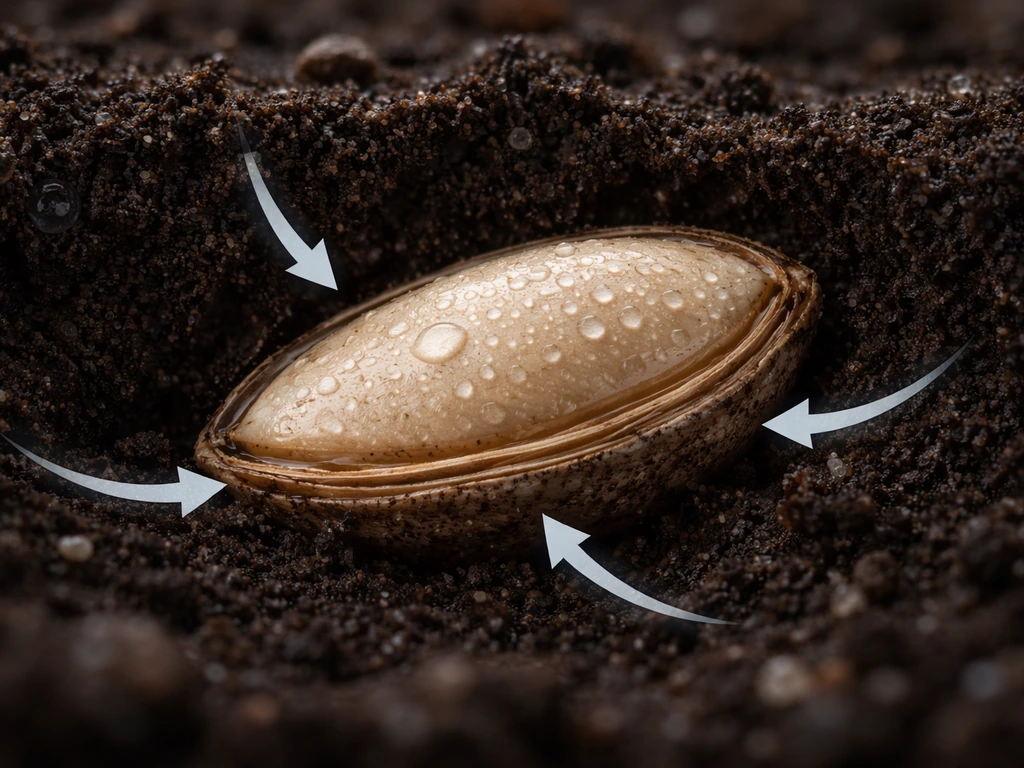 Close-up cross-section of a dormant seed with simple barriers to sprouting in moist soil.